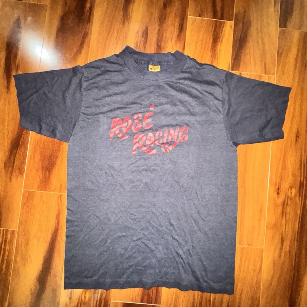 Vintage 70s Rose Racing T Shirt USA Made Black 50/50 Graphic Tee XL T Plus